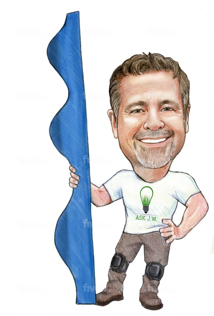 A caricature of a man holding a blue flag